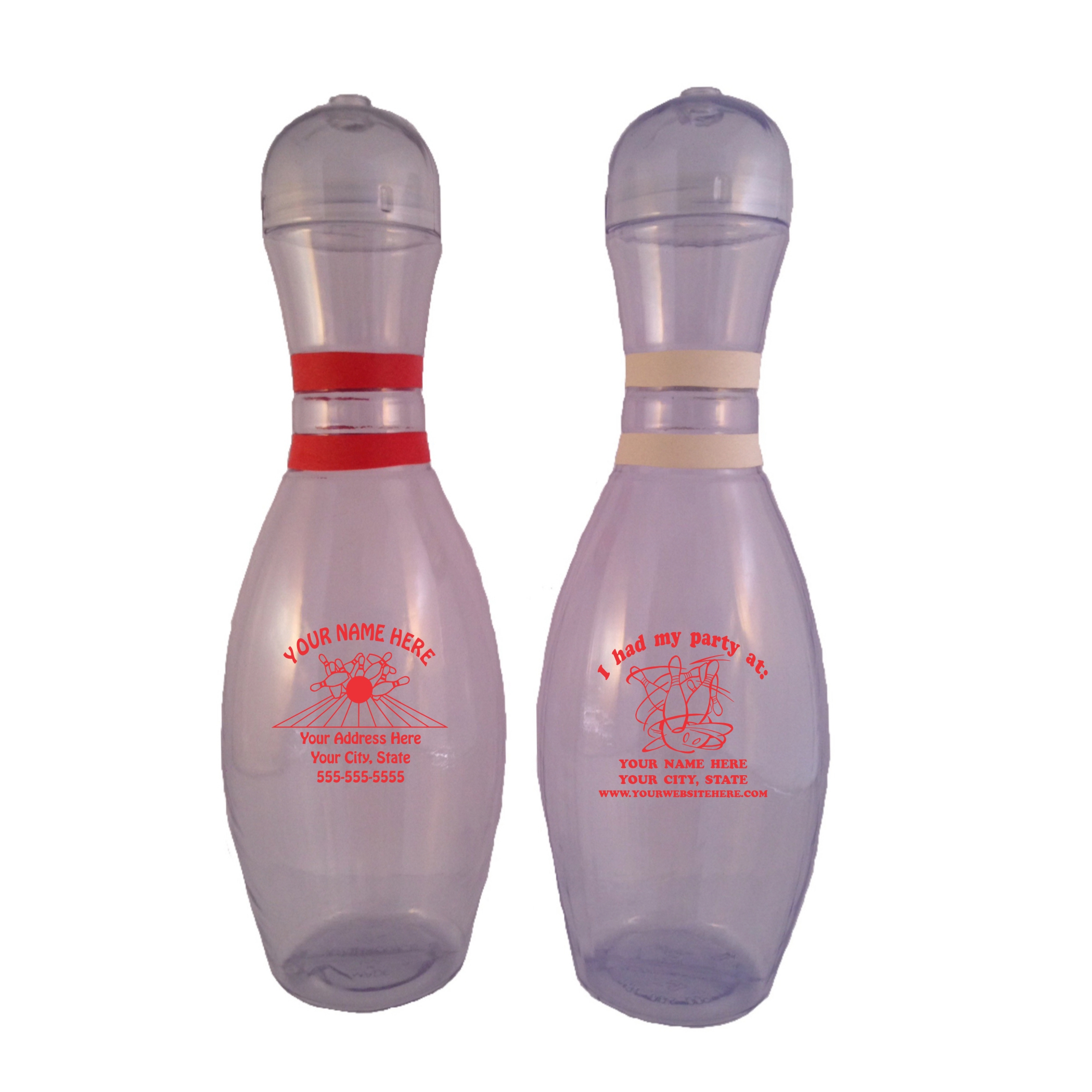 Personalized Bowling Pin Bottle – Clear with red ink