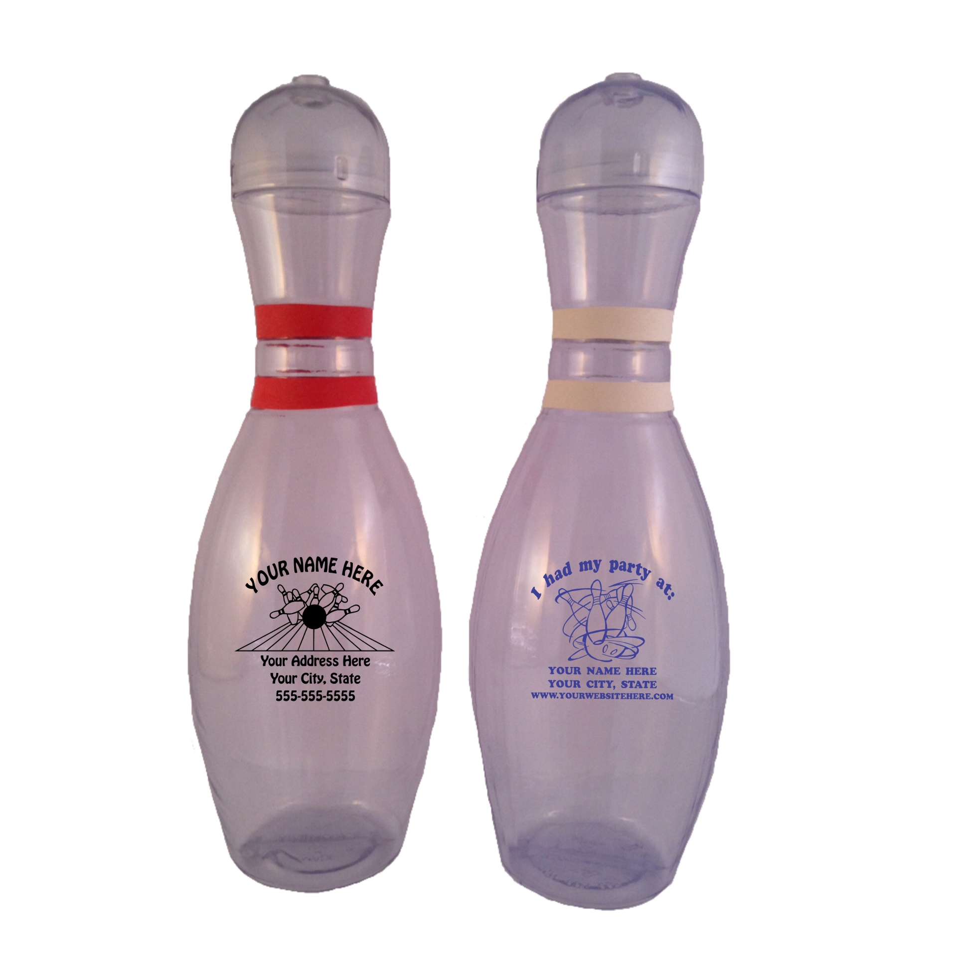 Personalized Bowling Pin Bottle – Clear with bands, no straw, no hole